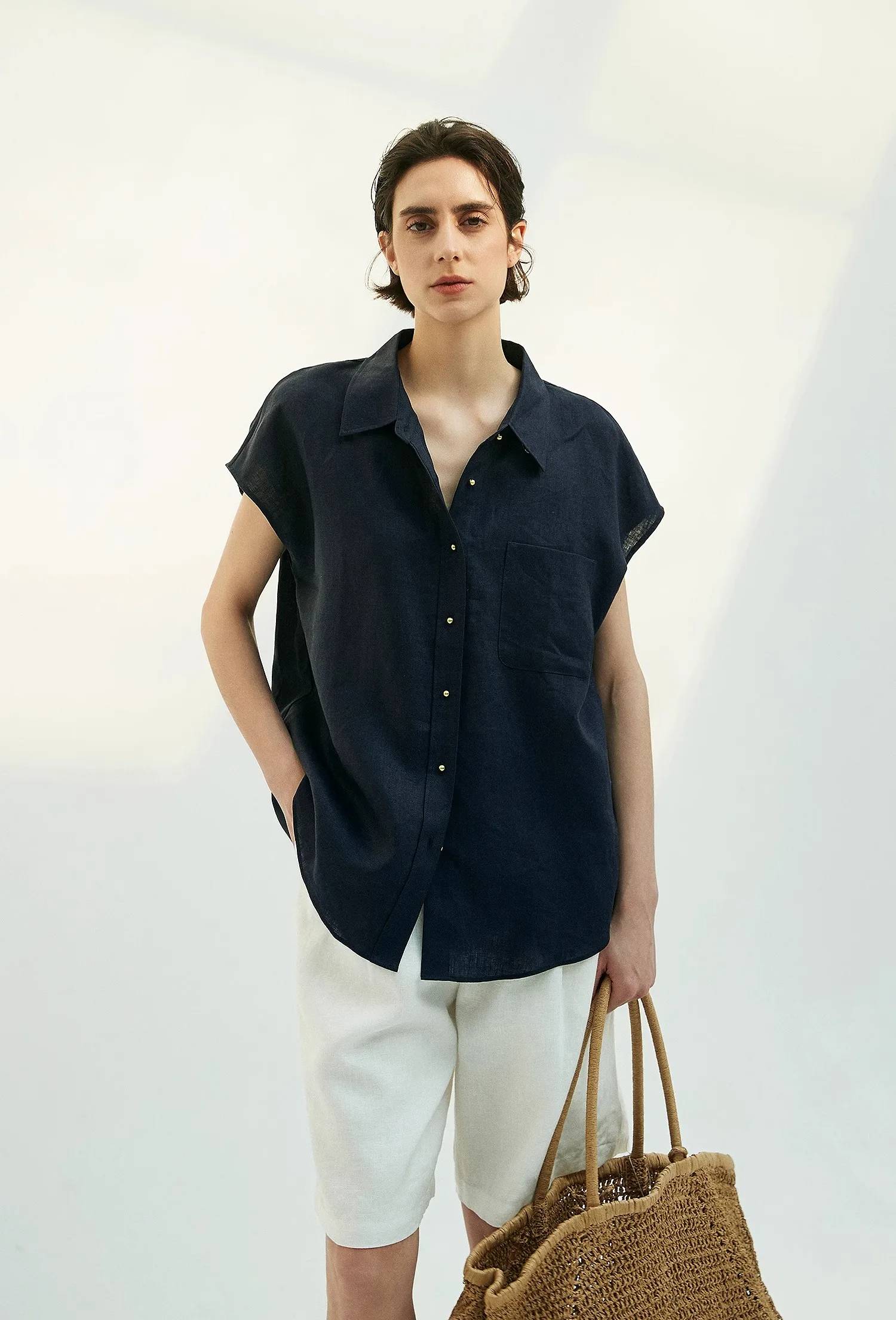 Small Gold Buttons Collared Short-Sleeved With Pocket Loose Linen Shirt Mssza