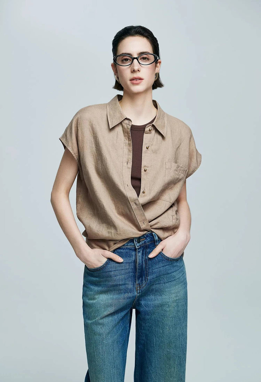 Small Gold Buttons Collared Short-Sleeved With Pocket Loose Linen Shirt Mssza