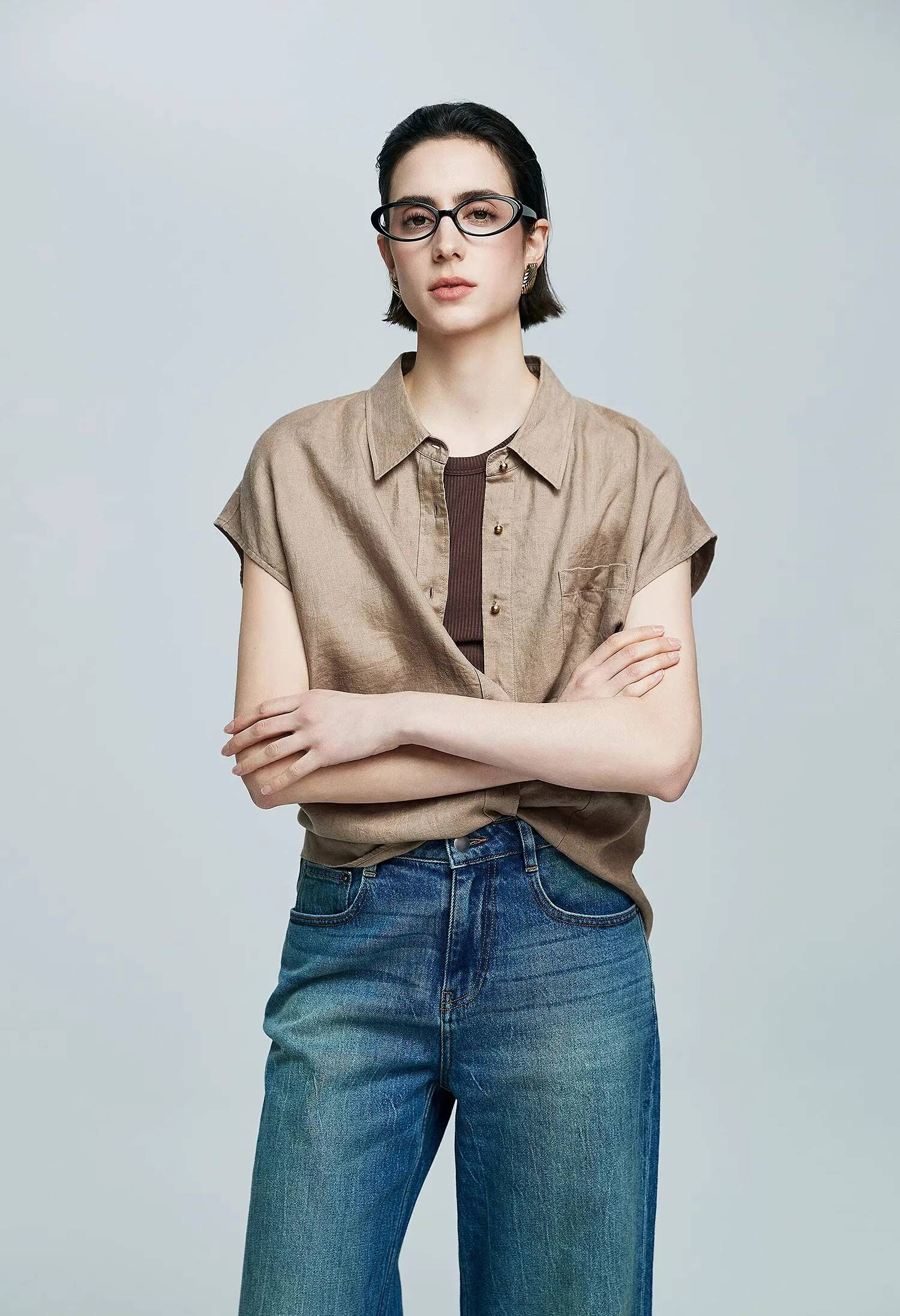 Small Gold Buttons Collared Short-Sleeved With Pocket Loose Linen Shirt Mssza