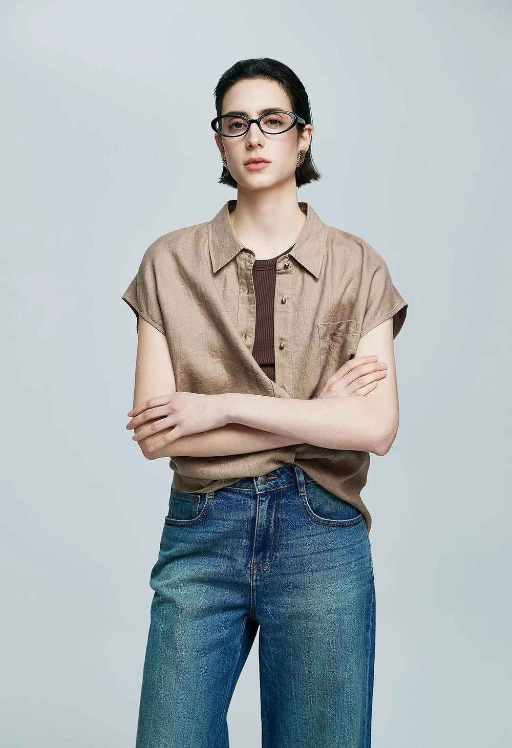 Small Gold Buttons Collared Short-Sleeved With Pocket Loose Linen Shirt Mssza