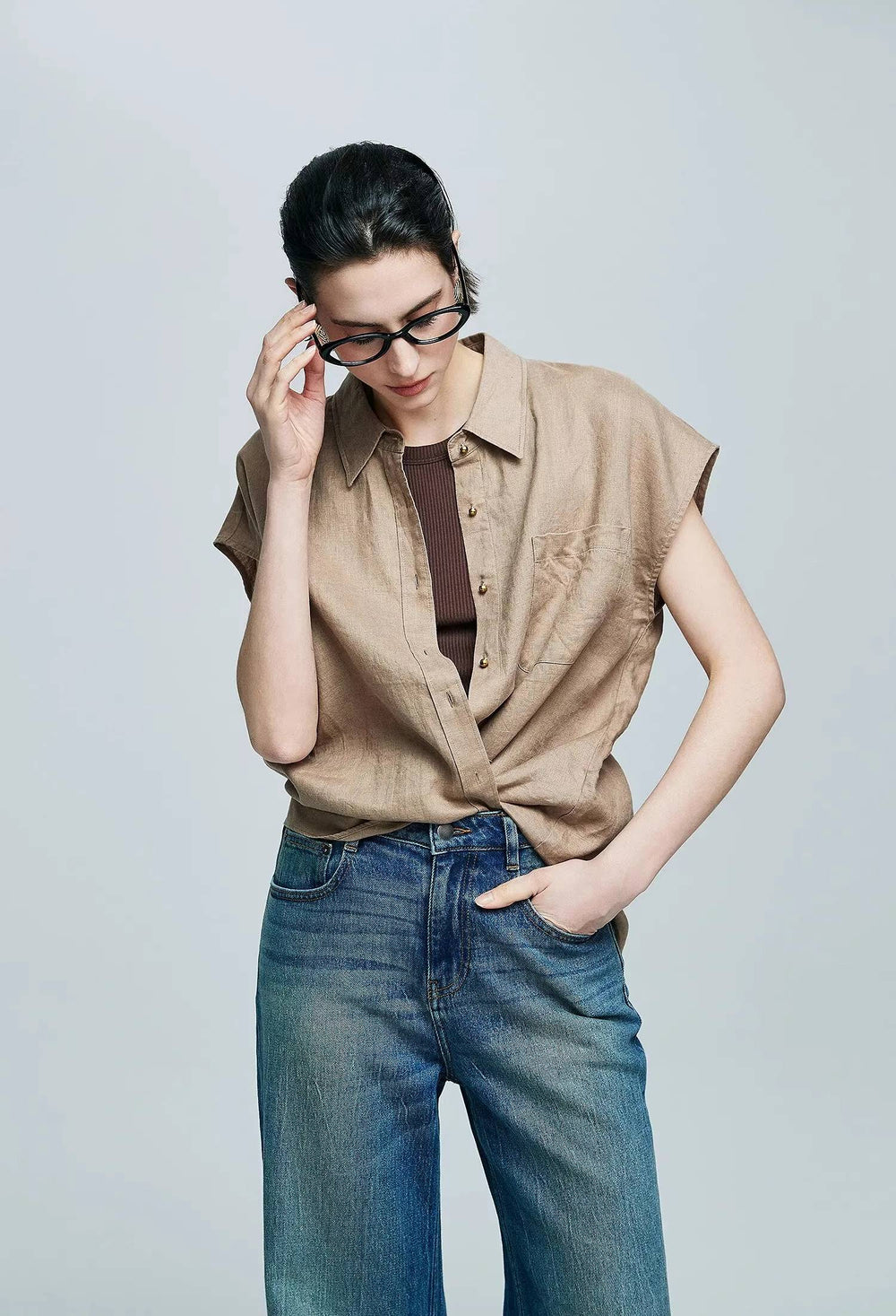 Small Gold Buttons Collared Short-Sleeved With Pocket Loose Linen Shirt Mssza