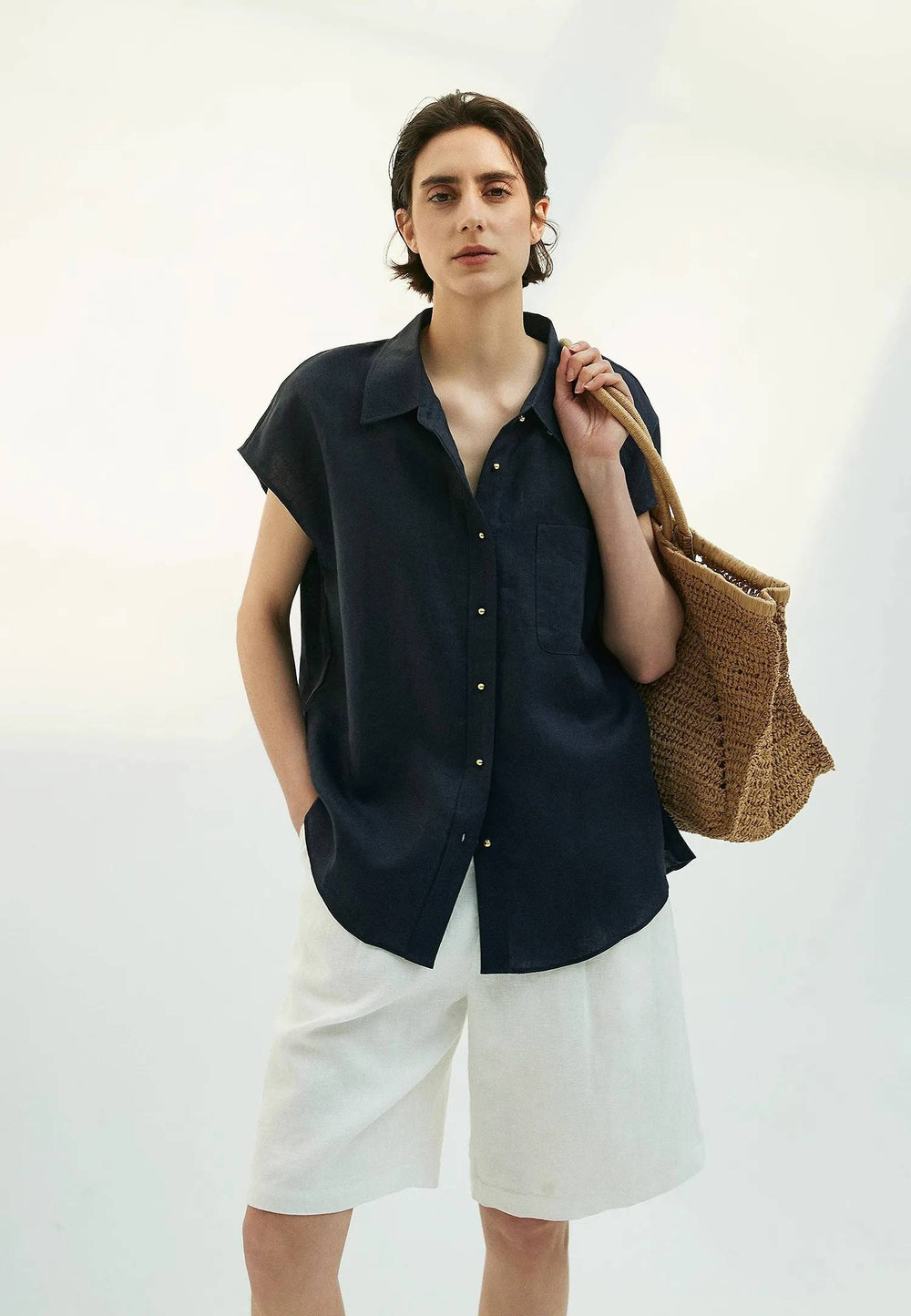 Small Gold Buttons Collared Short-Sleeved With Pocket Loose Linen Shirt Mssza
