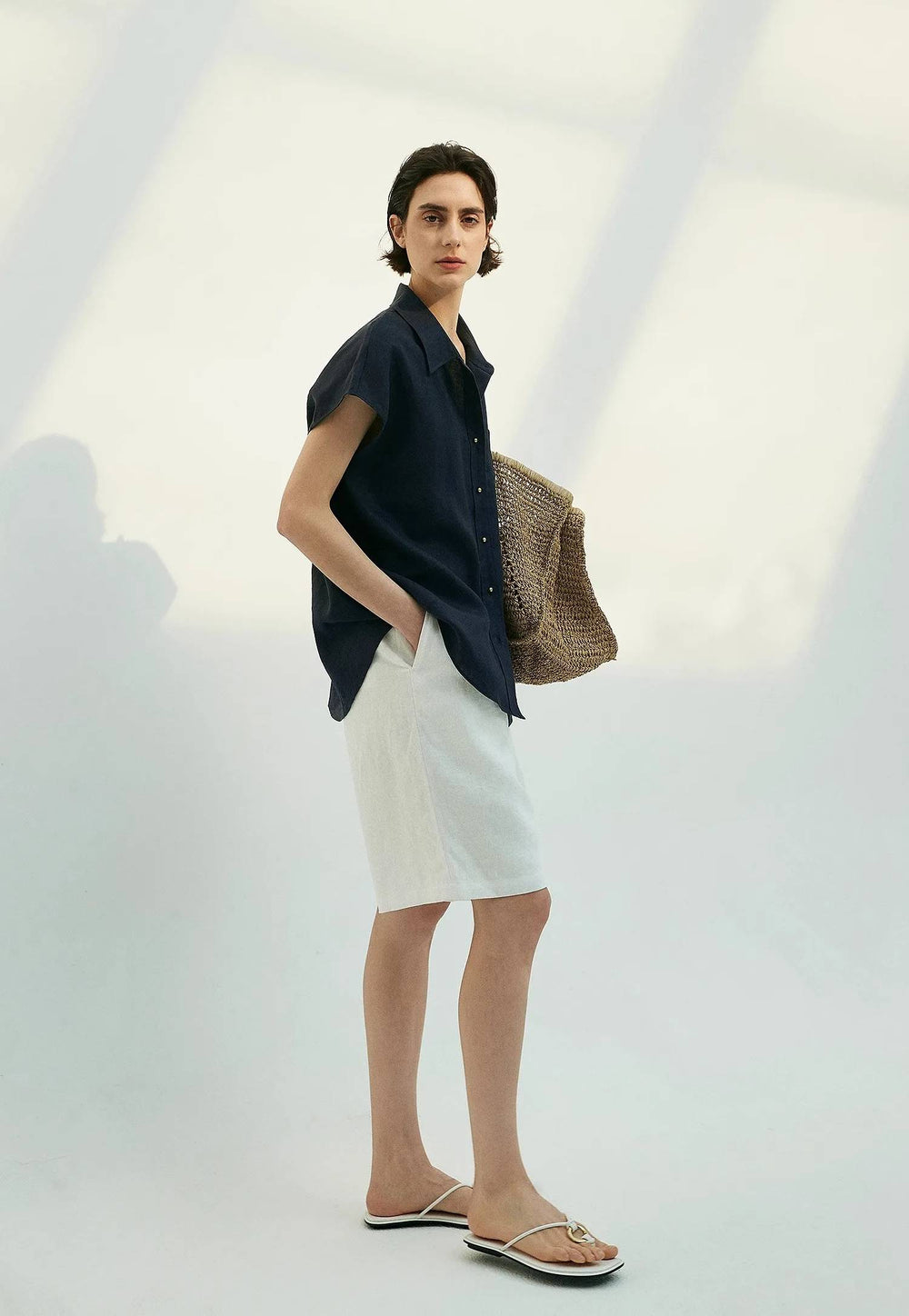 Small Gold Buttons Collared Short-Sleeved With Pocket Loose Linen Shirt Mssza
