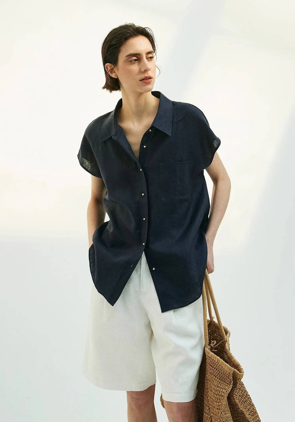 Small Gold Buttons Collared Short-Sleeved With Pocket Loose Linen Shirt Mssza