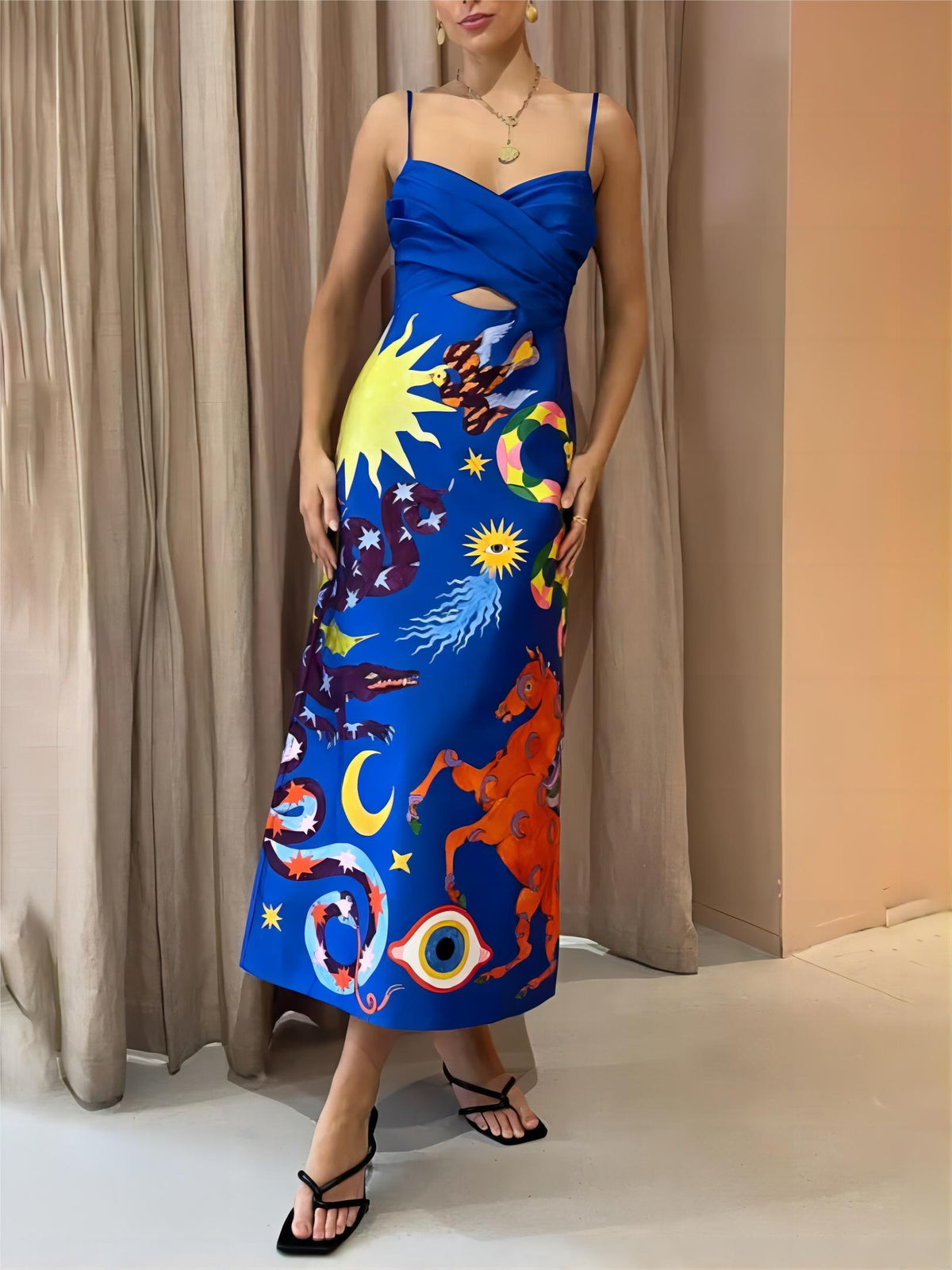 Satin Backless Printed Sleeveless Midi Dress Mssaz Desses