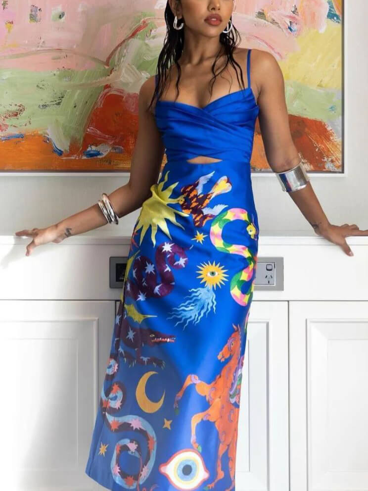 Satin Backless Printed Sleeveless Midi Dress Mssaz Desses