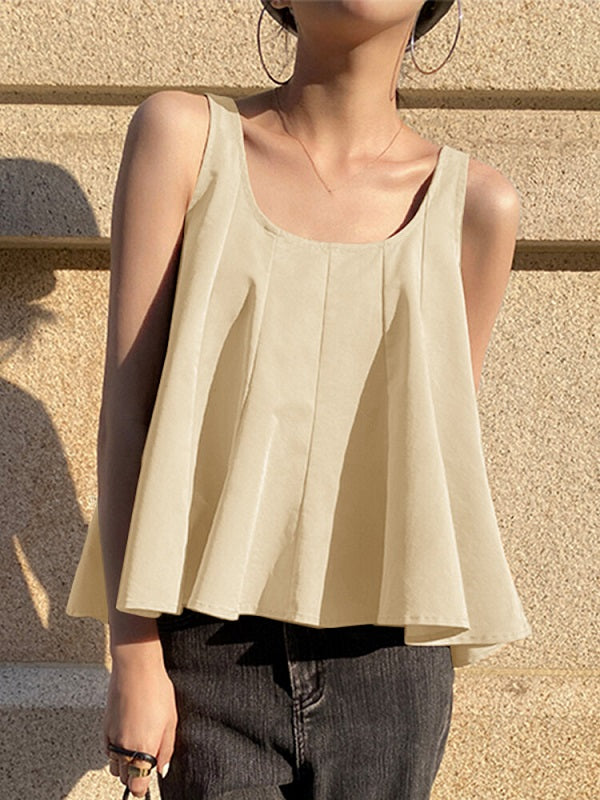 Solid A-line Sleeveless Scoop Neck Tank Top Mssza