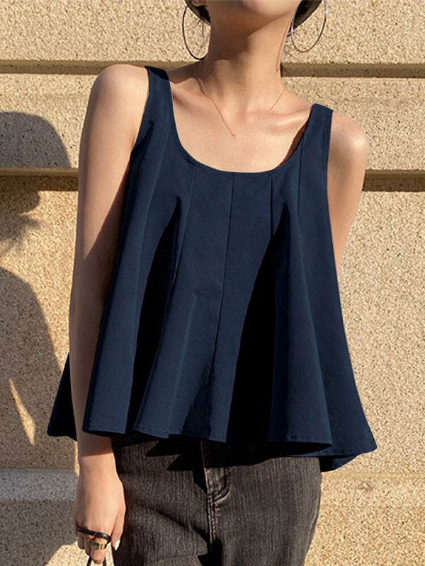 Solid A-line Sleeveless Scoop Neck Tank Top Mssza