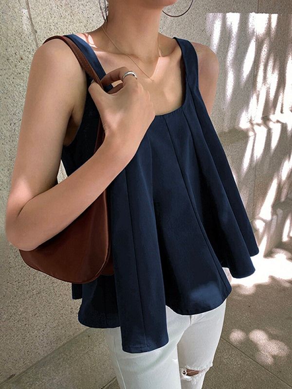 Solid A-line Sleeveless Scoop Neck Tank Top Mssza