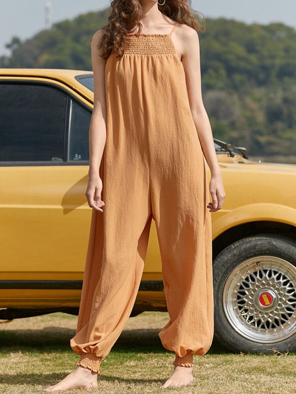 Solid Backless Strap Shirred Tie Loose Wide Leg Jumpsuit Mssza
