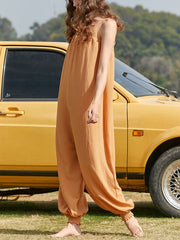 Solid Backless Strap Shirred Tie Loose Wide Leg Jumpsuit Mssza
