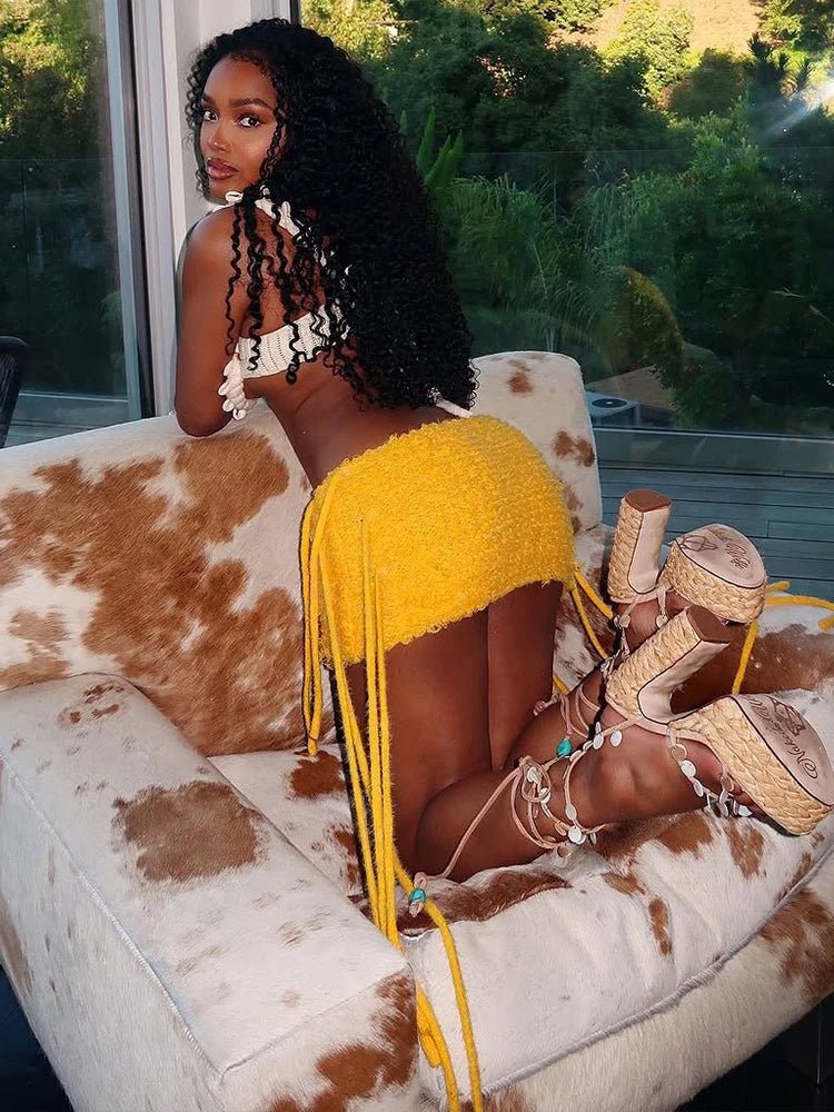 Solid Bandage Tassel Body-shaping High Waist Bottoms Daily Wild Streetwear Mini Skirts Mssza
