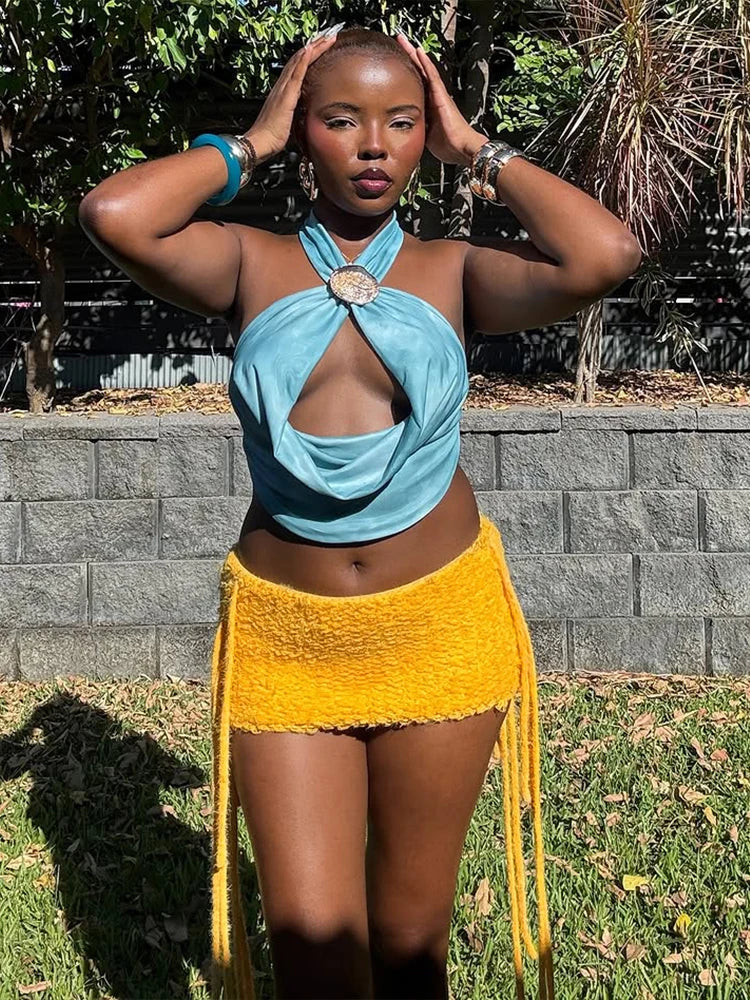 Solid Bandage Tassel Body-shaping High Waist Bottoms Daily Wild Streetwear Mini Skirts Mssza