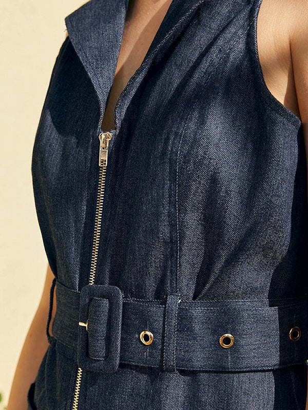 Solid Belt Pocket Zip Sleeveless Casual Flare Denim Jumpsuit Mssza