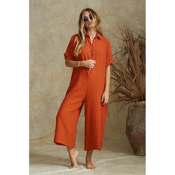 Solid Casual Loose Long Pants Cotton Jumpsuits Mssza