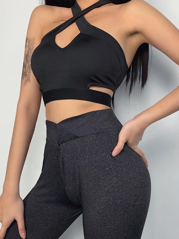 Solid Color Cross Halter Cropped Yoga Tank Mssza