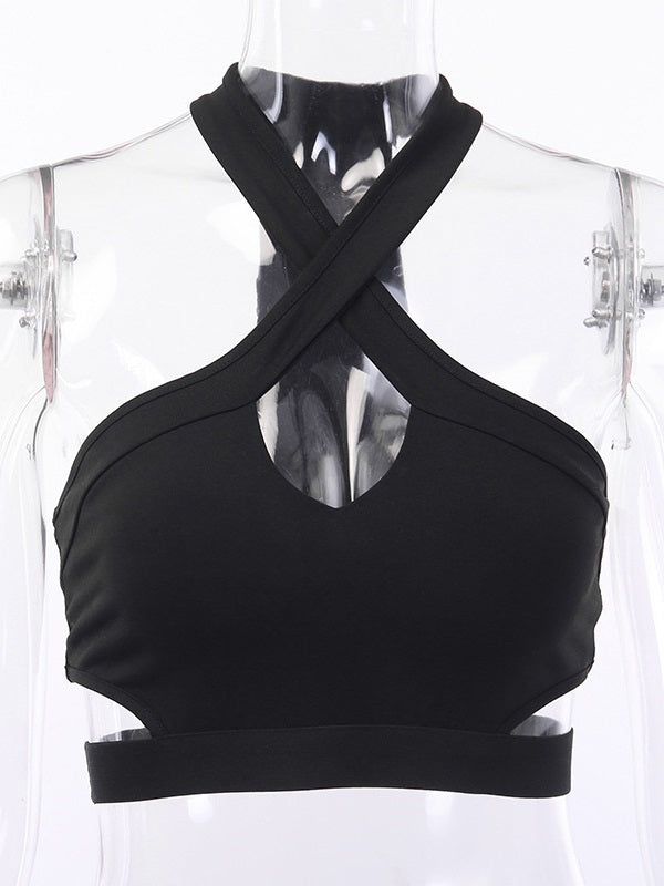 Solid Color Cross Halter Cropped Yoga Tank Mssza