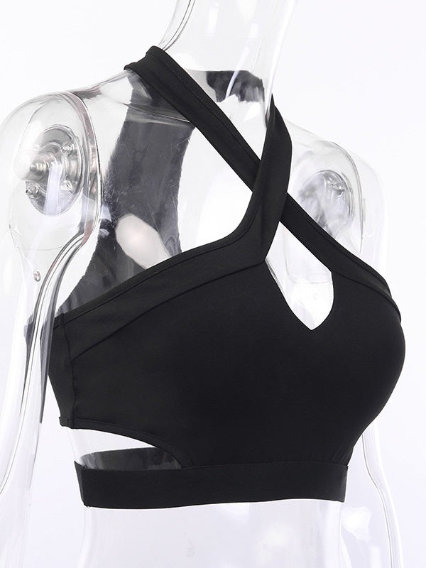 Solid Color Cross Halter Cropped Yoga Tank Mssza