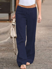 Solid Color Drawstring Waist Loose Wide Leg Casual Pants Mssza