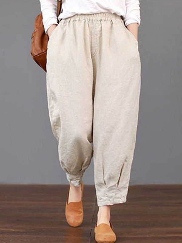 Solid Color Elastic Waist Loose Cotton Pants Mssza