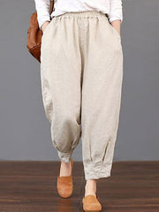 Solid Color Elastic Waist Loose Cotton Pants Mssza