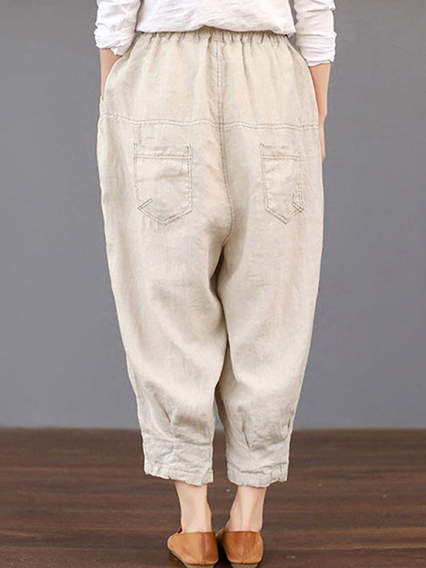 Solid Color Elastic Waist Loose Cotton Pants Mssza