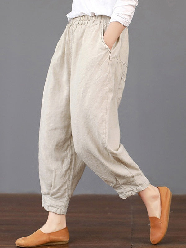 Solid Color Elastic Waist Loose Cotton Pants Mssza
