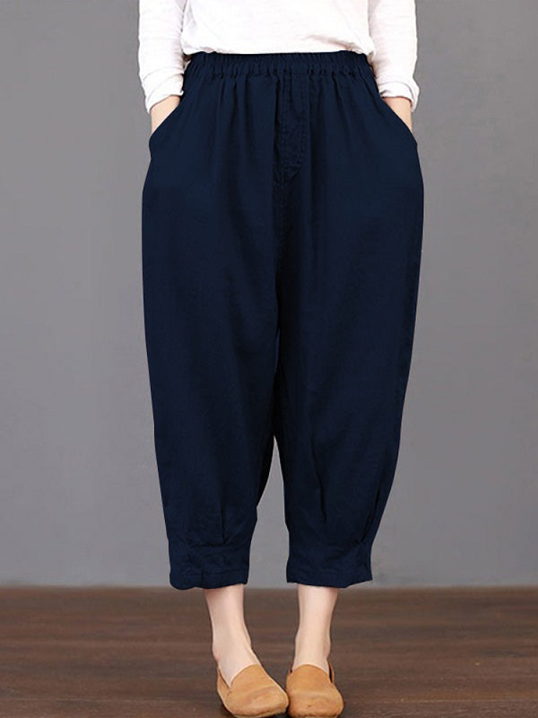 Solid Color Elastic Waist Loose Cotton Pants Mssza