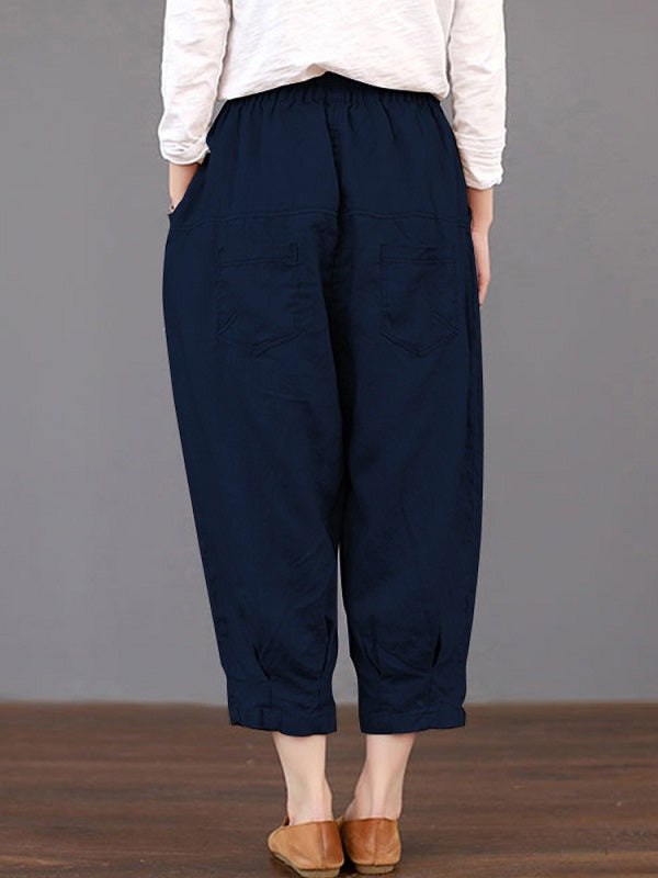 Solid Color Elastic Waist Loose Cotton Pants Mssza