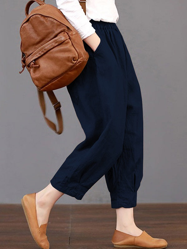 Solid Color Elastic Waist Loose Cotton Pants Mssza