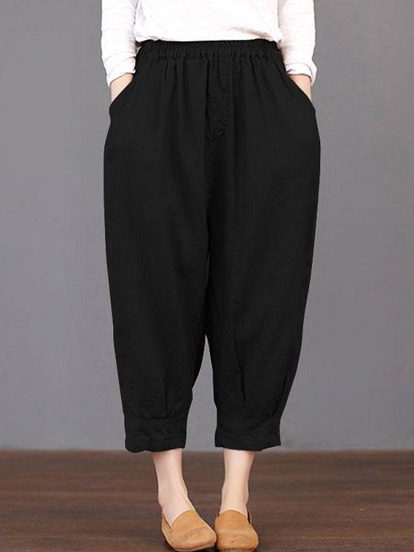 Solid Color Elastic Waist Loose Cotton Pants Mssza