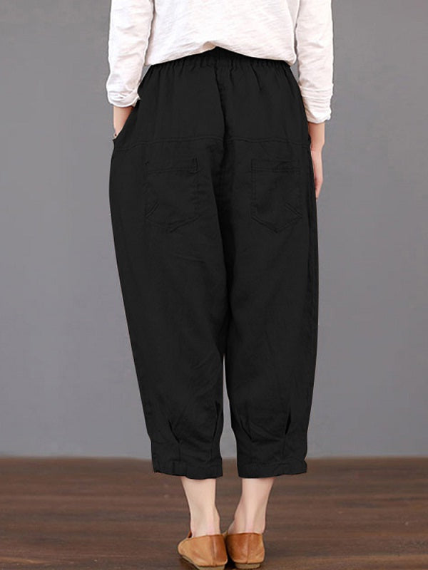 Solid Color Elastic Waist Loose Cotton Pants Mssza
