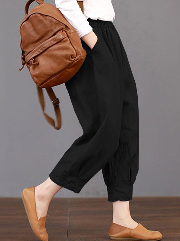 Solid Color Elastic Waist Loose Cotton Pants Mssza