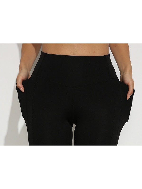 Solid Color High Waist Sports Leggings With Pockets Mssza