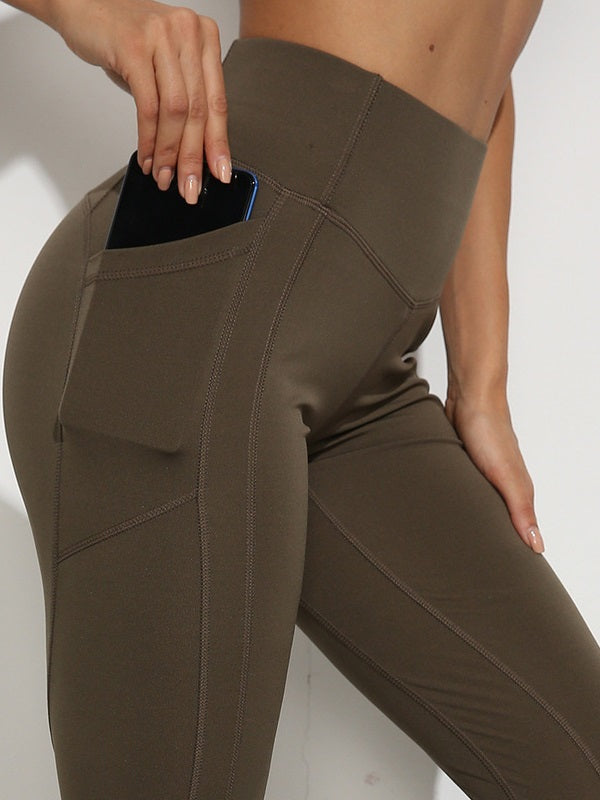 Solid Color High Waist Sports Leggings With Pockets Mssza