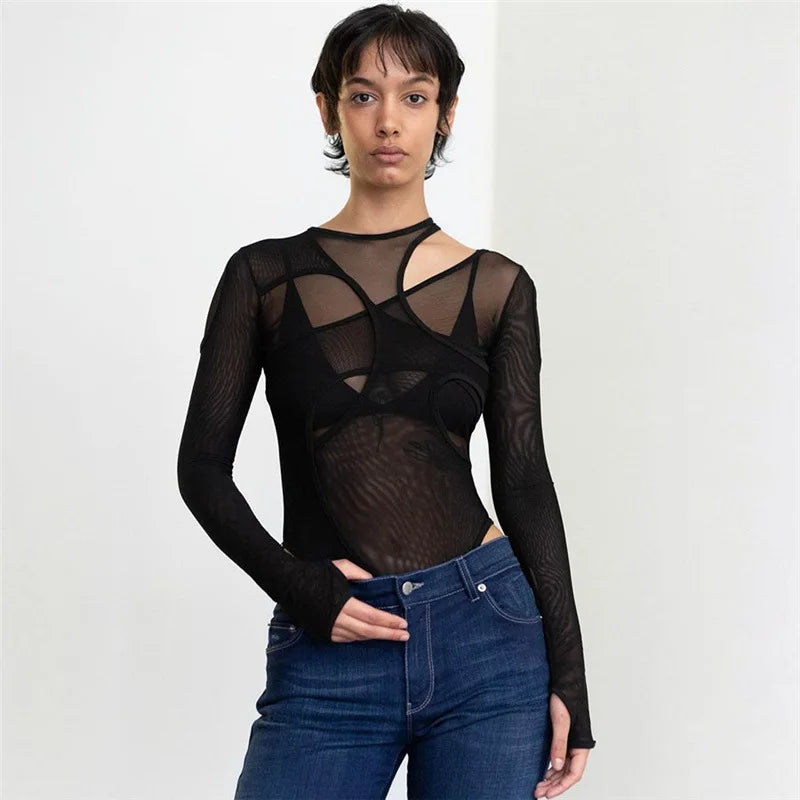Solid Color Hollow Design Slim Fit For High Street Clubwear Bodysuit Mssza
