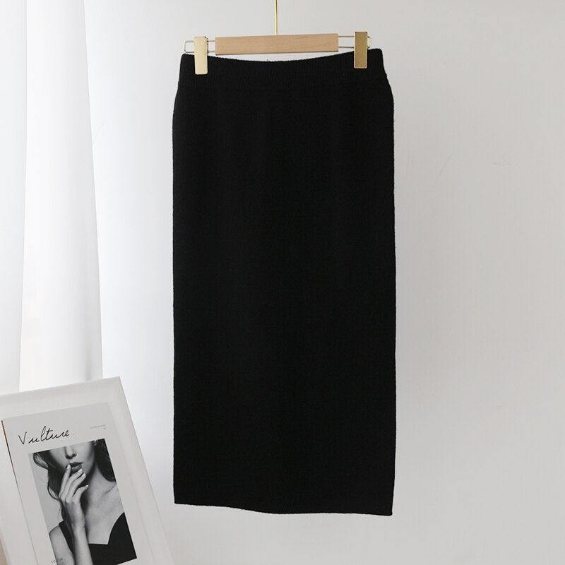 Solid Color Knitted Midi Skirt Mssza