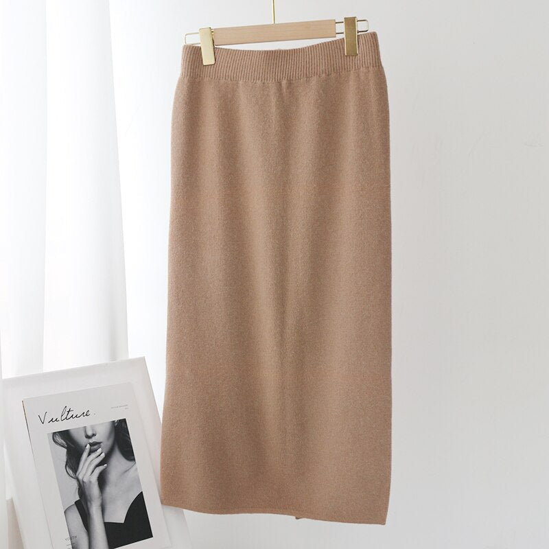 Solid Color Knitted Midi Skirt Mssza