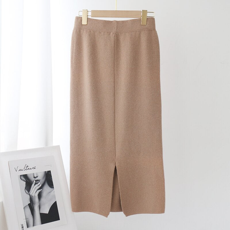 Solid Color Knitted Midi Skirt Mssza