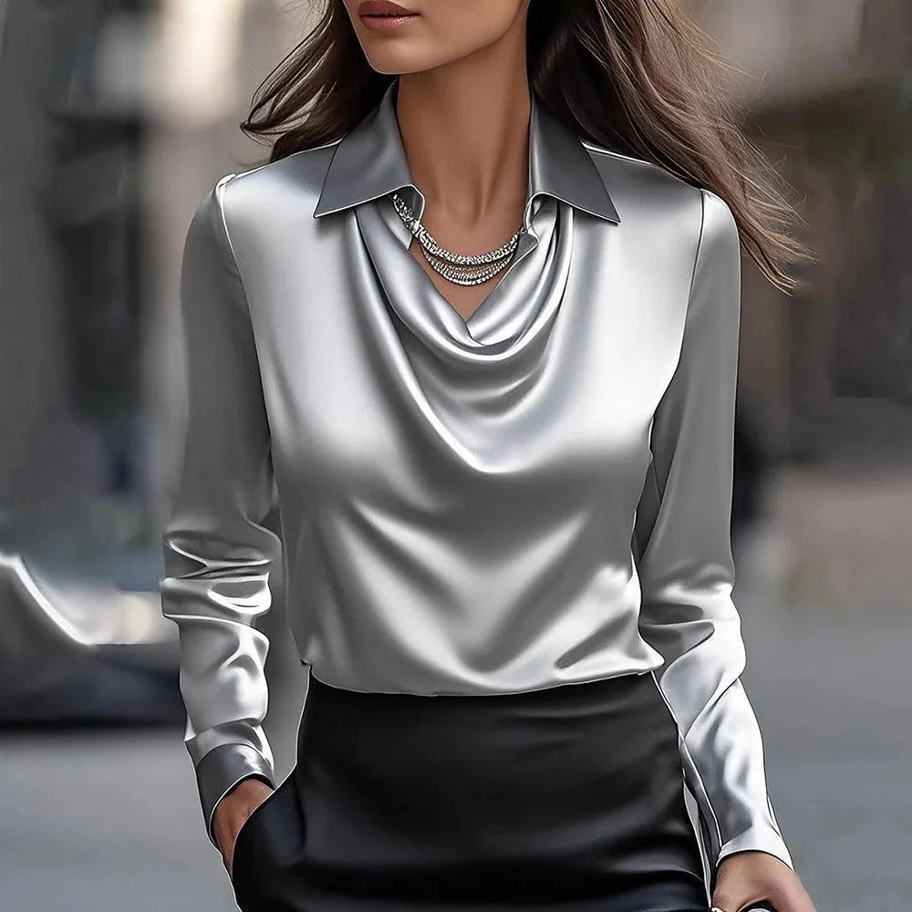 Elegant Solid Color Long Sleeve Office Style Slight Stretch Loose Shirt Mssza