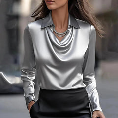 Elegant Solid Color Long Sleeve Office Style Slight Stretch Loose Shirt Mssza