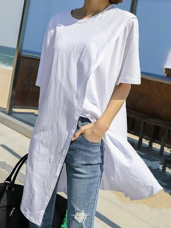 Solid Color O-neck Short Sleeve Split Casual T-shirts Mssza