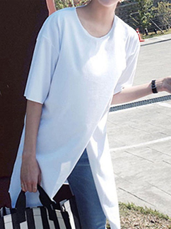 Solid Color O-neck Short Sleeve Split Casual T-shirts Mssza