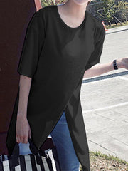 Solid Color O-neck Short Sleeve Split Casual T-shirts Mssza