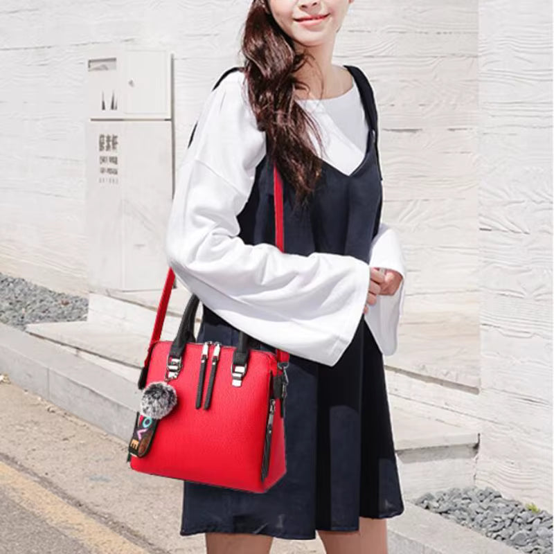 Solid Color PU Leather Messenger Fur Ball Shoulder Crossbody Flap Bag Mssza