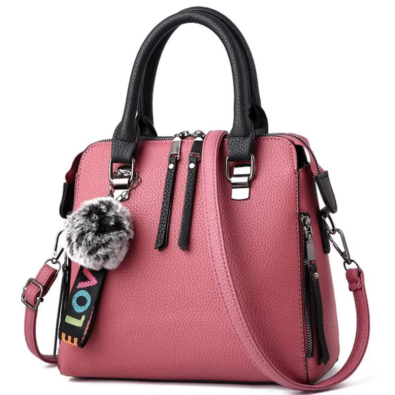 Solid Color PU Leather Messenger Fur Ball Shoulder Crossbody Flap Bag Mssza