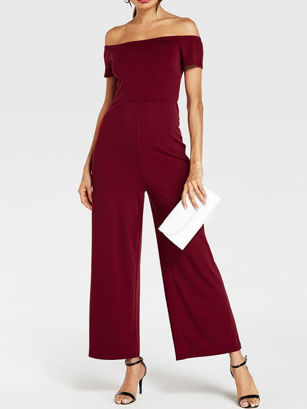 Solid Color Plain Off-shoulder Slash Neck Long Casual Jumpsuit Mssza