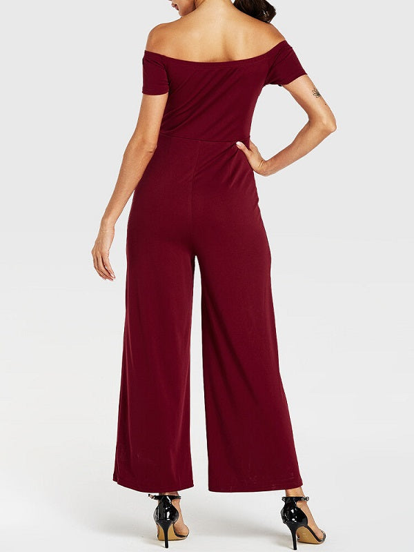 Solid Color Plain Off-shoulder Slash Neck Long Casual Jumpsuit Mssza