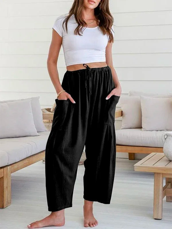 Solid Color Pockets High Waisted Drawstring Loose Wide Leg Casual Daily Trousers Bottoms Mssza