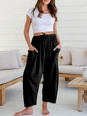 Solid Color Pockets High Waisted Drawstring Loose Wide Leg Casual Daily Trousers Bottoms Mssza